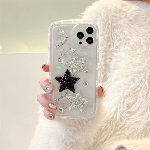 for iPhone 13 Case Bling Stars 3D Hearts Diamond Twinkle Star Glitter Y2K Spark Luxury Girly Aesthetic Personalized Design for Women Girls Teens Soft Transparent TPU Case, 6.1", Black in Saudi Arabia