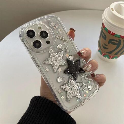 for iPhone 13 Case Bling Stars 3D Hearts Diamond Twinkle Star Glitter Y2K Spark Luxury Girly Aesthetic Personalized Design for Women Girls Teens Soft Transparent TPU Case, 6.1", Black in Saudi Arabia