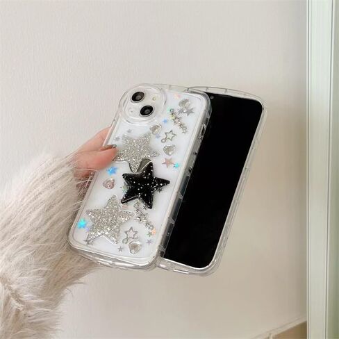 for iPhone 13 Case Bling Stars 3D Hearts Diamond Twinkle Star Glitter Y2K Spark Luxury Girly Aesthetic Personalized Design for Women Girls Teens Soft Transparent TPU Case, 6.1", Black in Saudi Arabia