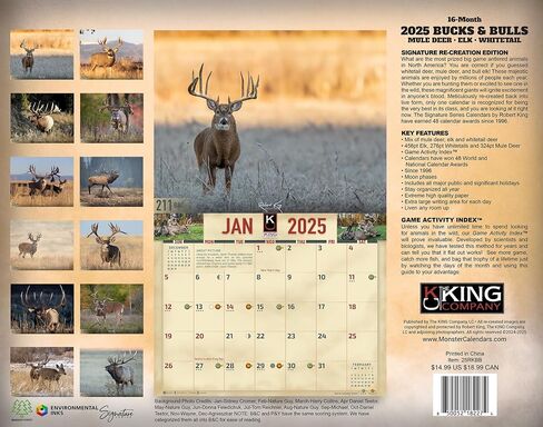 2024 تقويم جداري من سلسلة Monster Bucks & Bulls Signature لمدة 16 شهرًا مقاس X-Large 14x22، أفضل غزال ذو ذيل أبيض | بغل غزال باك | تقويم Elk من شركة KING-Monster Calendars in Kuwait