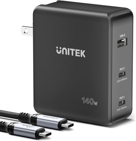 شاحن Unitek 140 واط USB C شاحن ماك بوك برو شاحن GaN 3 منافذ PD3.1 محول طاقة سريع للكمبيوتر المحمول متوافق مع MacBook Pro 16 بوصة Dell XPS 15 iPad iPhone 14 Pro Max (مع كابل USB C 240 واط) in Kuwait