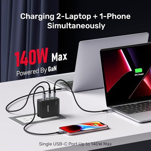 شاحن Unitek 140 واط USB C شاحن ماك بوك برو شاحن GaN 3 منافذ PD3.1 محول طاقة سريع للكمبيوتر المحمول متوافق مع MacBook Pro 16 بوصة Dell XPS 15 iPad iPhone 14 Pro Max (مع كابل USB C 240 واط) in Kuwait