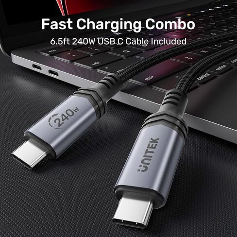 شاحن Unitek 140 واط USB C شاحن ماك بوك برو شاحن GaN 3 منافذ PD3.1 محول طاقة سريع للكمبيوتر المحمول متوافق مع MacBook Pro 16 بوصة Dell XPS 15 iPad iPhone 14 Pro Max (مع كابل USB C 240 واط) in Kuwait