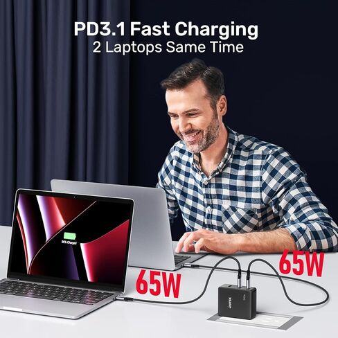 شاحن Unitek 140 واط USB C شاحن ماك بوك برو شاحن GaN 3 منافذ PD3.1 محول طاقة سريع للكمبيوتر المحمول متوافق مع MacBook Pro 16 بوصة Dell XPS 15 iPad iPhone 14 Pro Max (مع كابل USB C 240 واط) in Kuwait