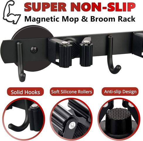 ULIBERMAGNET Magnetic Mop Broom Holder,Heavy Duty Movable Magnetic Broom Holder Rack,Anti-slip Wall Mounted Utility Storage Mop Shovel Hanger for Garage, Kitchen, Laundry, Garden(8 Pack/Black) in Saudi Arabia