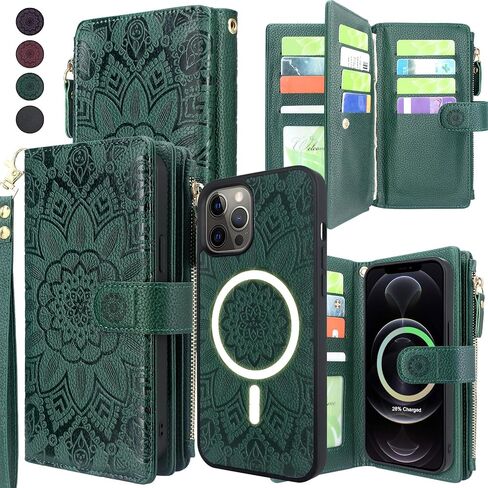 Harryshell Detachable Magnetic Case Wallet for iPhone 12 Pro Max Compatible with MagSafe Wireless Charging Protective Cover Multi Card Slots Cash Coin Zipper Pocket Wrist Strap (Floral Deep Green) in Saudi Arabia