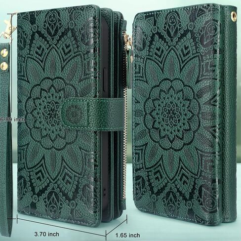 Harryshell Detachable Magnetic Case Wallet for iPhone 12 Pro Max Compatible with MagSafe Wireless Charging Protective Cover Multi Card Slots Cash Coin Zipper Pocket Wrist Strap (Floral Deep Green) in Saudi Arabia