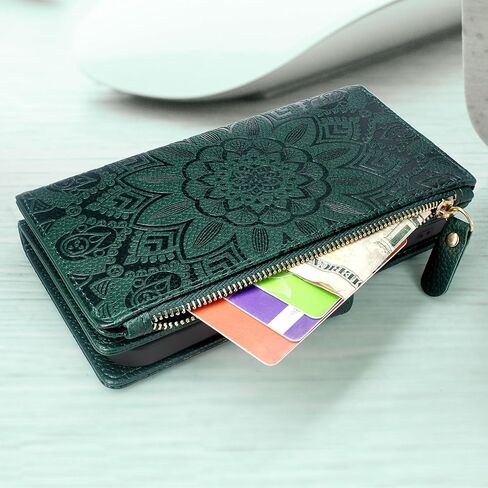 Harryshell Detachable Magnetic Case Wallet for iPhone 12 Pro Max Compatible with MagSafe Wireless Charging Protective Cover Multi Card Slots Cash Coin Zipper Pocket Wrist Strap (Floral Deep Green) in Saudi Arabia