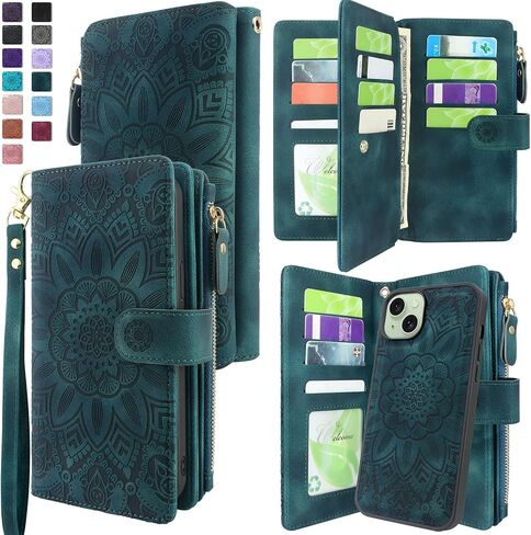 Harryshell Compatible with iPhone 15 Plus / 14 Plus 5G 6.7 inch Wallet Case Detachable Removable Phone Cover Zipper Cash Pocket Multi Card Slots Wrist Strap Lanyard (Floral Teal) in Saudi Arabia