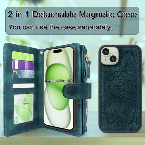 Harryshell Compatible with iPhone 15 Plus / 14 Plus 5G 6.7 inch Wallet Case Detachable Removable Phone Cover Zipper Cash Pocket Multi Card Slots Wrist Strap Lanyard (Floral Teal) in Saudi Arabia