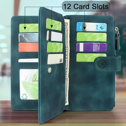 Harryshell Compatible with iPhone 15 Plus / 14 Plus 5G 6.7 inch Wallet Case Detachable Removable Phone Cover Zipper Cash Pocket Multi Card Slots Wrist Strap Lanyard (Floral Teal) in Saudi Arabia