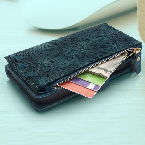 Harryshell Compatible with iPhone 15 Plus / 14 Plus 5G 6.7 inch Wallet Case Detachable Removable Phone Cover Zipper Cash Pocket Multi Card Slots Wrist Strap Lanyard (Floral Teal) in Saudi Arabia