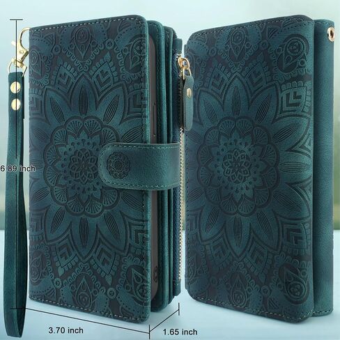 Harryshell Compatible with iPhone 15 Plus / 14 Plus 5G 6.7 inch Wallet Case Detachable Removable Phone Cover Zipper Cash Pocket Multi Card Slots Wrist Strap Lanyard (Floral Teal) in Saudi Arabia