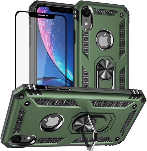 حافظة Yiakeng لهاتف iPhone XR، حافظة هاتف iPhone XR مع واقي شاشة، حافظات حماية من الدرجة العسكرية مع حلقة لهاتف iPhone XR (أخضر داكن) in Kuwait