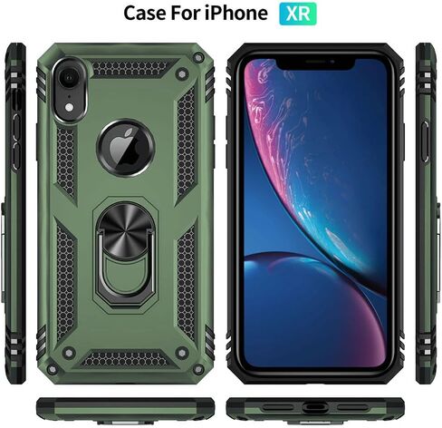 حافظة Yiakeng لهاتف iPhone XR، حافظة هاتف iPhone XR مع واقي شاشة، حافظات حماية من الدرجة العسكرية مع حلقة لهاتف iPhone XR (أخضر داكن) in Kuwait