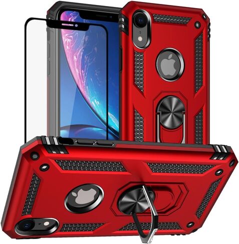 حافظة Yiakeng لهاتف iPhone XR، حافظة هاتف iPhone XR مع واقي شاشة، حافظات حماية من الدرجة العسكرية مع حلقة لهاتف iPhone XR (أخضر داكن) in Kuwait