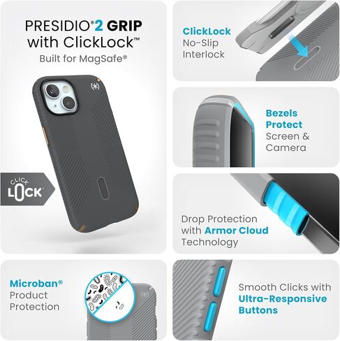 Speck MagSafe Case for iPhone 15 - Drop & Camera Protection, ClickLock No-Slip, Wireless Charging Compatible, Fits All 6.1 Inch Models Including iPhone 14, iPhone 13 - Charcoal Grey/Cool Bronze/White in Saudi Arabia