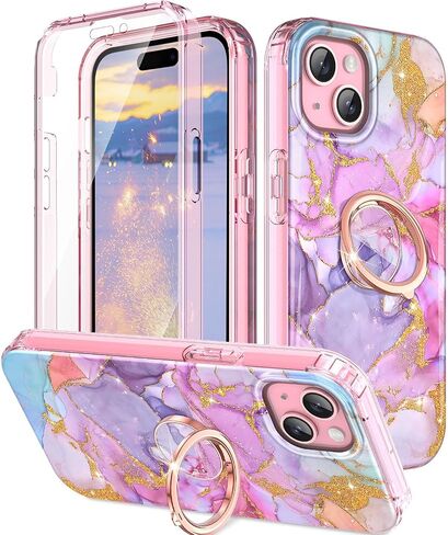 حافظة Btscase لهاتف iPhone 15 Plus، واقي شاشة مدمج مع حامل حلقي 360 درجة، غطاء حماية قوي مزدوج الطبقة مقاوم للصدمات لهاتف iPhone 15 Plus 6.7 بوصة، وردي in Saudi Arabia