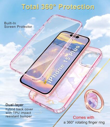 حافظة Btscase لهاتف iPhone 15 Plus، واقي شاشة مدمج مع حامل حلقي 360 درجة، غطاء حماية قوي مزدوج الطبقة مقاوم للصدمات لهاتف iPhone 15 Plus 6.7 بوصة، وردي in Saudi Arabia