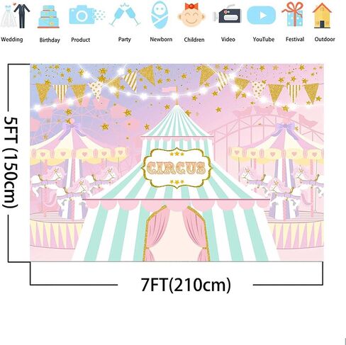 Pink Circus Backdrop for Girl Pastel Carnival Carousel Birthday Party Decorations Big Top Tent Ferris Wheel Photography Background Sweet Baby Shower Cake Table Banner Photo Booth Props 7x5ft in Saudi Arabia