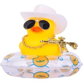 MuMyer Yellow Duck Car Ornament Swim Ring Car Rubber Ducks Dashboard Decoration with Mini Cowboy Hat Swim Tube Necklace Alloy Glasses and Cool Accessories(A-Pink Hat)