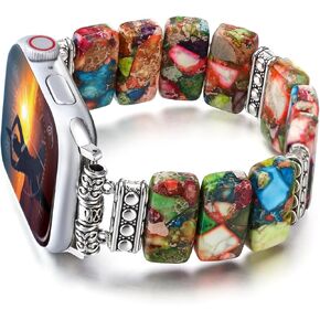 Boho Beaded Bracelet Compatible with Apple Watch Band 38mm 40mm 41mm 42mm 44mm 45mm 49mm Women Men, Bohemian Stretchy Leopard Leather Apple Watch Strap for iWatch Band Series 9 8 7 6 5 4 3 2 1 SE Ultra &2