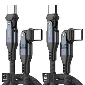 كابل USB C إلى USB C PD 240W [2-Pack 3.3+6ft] 5A USB-C كابل شحن سريع من النوع C، سلك شاحن USBC إلى USB 180 درجة للهاتف 15 Android Samsung MacBook Pro Tablet LG Google (أسود)