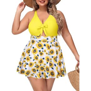 NIeyook Womens Plus Size One Piece Swimsuit with Skirt V Neck Cutout Flowy Swim Dress Tummy Control Bathing Suit