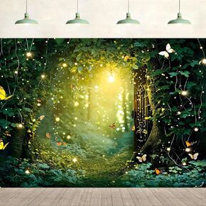 10x8ft Enchanted Forest Backdrop Wonderland Magic Gate Green Forest Butterfly Glitter Photo Backdrop for Wedding Baby Shower Birthday Party Banner Decor Photo Studio Props