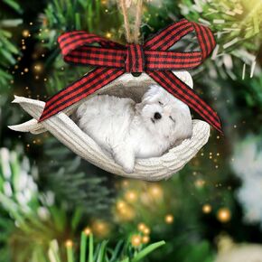 Talataca Maltese Sleeping Angel Memorial White Puppy Dog Animal Pet Cute 2D Flat Car Rear View Mirror Accessories Christmas Tree Ornament Decoration Hanging Charm Interior Rearview Pendant Decor Gift