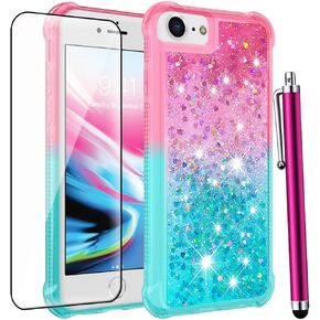 for iPhone SE Case 2022(3rd Gen)/iPhone SE 2020 Case(2nd Gen)/iPhone 8 Case/iPhone 7 Case with Screen Protector, Glitter Bling Floating Liquid Women Girls Cute Shockproof Phone Case-Pink/Blue