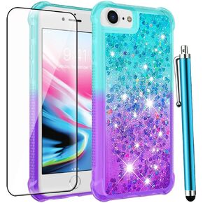 for iPhone SE Case 2022(3rd Gen)/iPhone SE 2020 Case(2nd Gen)/iPhone 8 Case/iPhone 7 Case with Screen Protector, Glitter Bling Floating Liquid Women Girls Cute Shockproof Phone Case-Pink/Blue