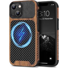 TENDLIN Magnetic Case Compatible with iPhone 14 Case Wood Grain with Carbon Fiber Texture Design Leather Hybrid Slim Case (Compatible with MagSafe) Black