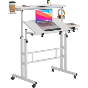 SogesPower 2 Platforms Mobile Laptop Desk Adjustable Side Table Computer Stand for Bed Sofa,Mobile Standing Desk with Cup Holder and Hooks, Maple