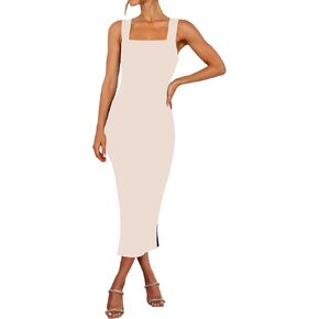 RANPHEE Womens Summer Sleeveless Bodycon Midi Dress Square Neck Side Slit Tank Casual Party Dresses