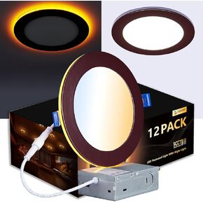 12 Pack Black Recessed Lights 6 Inch with Night Light - Canless Ultra Thin Wafer Downlight Indoor Outdoor Exterior Soffit Lighting, Dimmable & 5 Color Selectable, 12W, ETL Listed