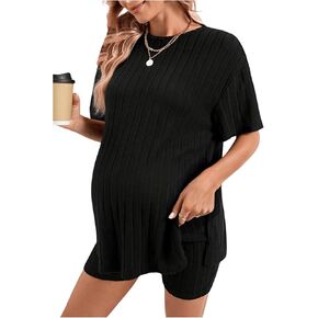 Women's 2 Piece Outfits Ribbed Knit Short Sleeve Split Tops and Shorts Set Maternity Outfits