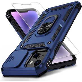 for iPhone 14 Plus Case with Slide Lens Cover, HD Screen Protector, Military Grade Drop Protection, Magnetic Rotated Ring Holder Kickstand Protective Phone Case (Navy Blue)