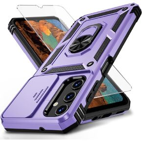 for Samsung Galaxy A14 5G Case with Slide Lens Cover, HD Screen Protector, Military Grade Drop Protection, Magnetic Rotated Ring Holder Kickstand Protective Phone Case (Lavender)