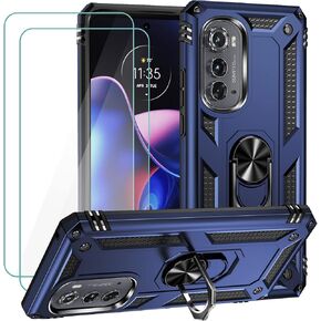 for Motorola Edge 2022 Case with 2 Pcs Tempered Glass Screen Protector, [Military Grade] 16ft. Drop Tested Protective Cover with Magnetic Kickstand Car Mount for Motorola Moto Edge 2022, Blue