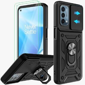 حافظة لهاتف OnePlus Nord N200 5G مع غطاء كاميرا منزلق وقطعتين واقي شاشة عالي الدقة، مسند حلقي يدور 360 درجة [درجة عسكرية] حافظة لهاتف OnePlus Nord N200 5G (أسود)