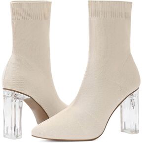 Shoe'N Tale Women's Knit Sock Ankle Boots Pointed Toe Clear Mid Heel Slip-on Stretch Booties Shoes