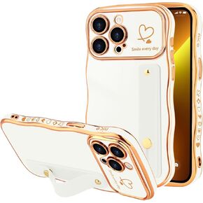 for iPhone 16 Pro Max Case for Women Girls with Strap, Wave Frame Cute Love-Heart Plating Luxury Cover, Raised Full Camera Soft TPU Protective Phone Case for iPhone 16 Pro Max, Hot Pink