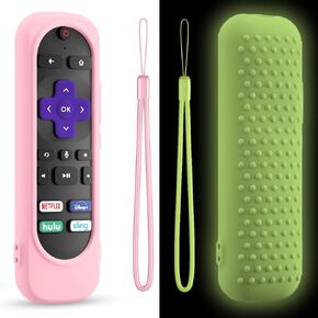 2 Pack Silicone Remote Cover for Roku Tv/Hisense/TCL Remote,Silicone Case Cover Compatible with Universal Sleeve Voice Remote,Washable Roku Remote Cover with Lanyard (Red+Glow Blue)