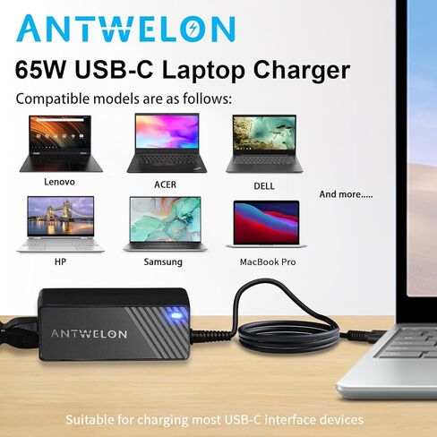 65 واط 45 واط USB C شاحن الكمبيوتر المحمول العالمي نوع C لينوفو ثينك باد اليوغا Chromebook HP أيسر آسوس سامسونج ماك بوك برو ديل لاتيتيود xps 13 سلسلة ANTWELON 20V 3.25A محول تيار متردد للكمبيوتر المحمول in Kuwait