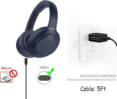 USB C Charger Cable Compatible for Sony WH-1000XM4 WH-1000XM3 WF-1000XM4 WH-XB900N WH-CH510 WI-1000XM2 WI-C200 WI-XB400, WF-1000XM3, AKG Y400 Y600NC Headphones Adapter Charging Cable power cable (5FT) in Kuwait