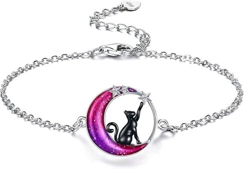 Moon Cat Bracelet for Women 925 Sterling Silver Black Cat Jewelry Crystal Cat Gifts for Cat Lover in Saudi Arabia