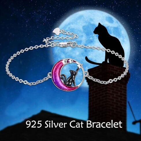 Moon Cat Bracelet for Women 925 Sterling Silver Black Cat Jewelry Crystal Cat Gifts for Cat Lover in Saudi Arabia