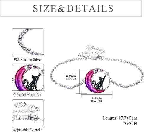 Moon Cat Bracelet for Women 925 Sterling Silver Black Cat Jewelry Crystal Cat Gifts for Cat Lover in Saudi Arabia