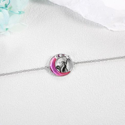 Moon Cat Bracelet for Women 925 Sterling Silver Black Cat Jewelry Crystal Cat Gifts for Cat Lover in Saudi Arabia